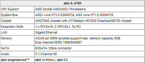 a s78h spec - Abit presenta la A-S78H, scheda madre basata su chipset AMD 780G
