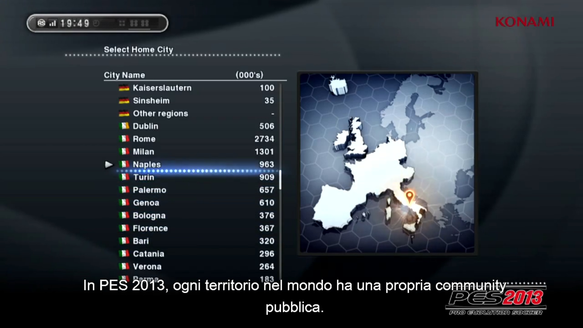 PES 2013 citt&agrave; Italia - PES 2013: nuove modalit&agrave;, statistiche e social in un video
